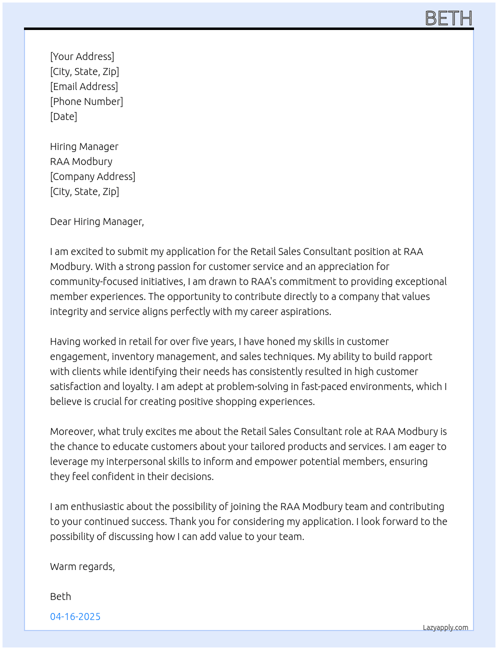Retail sales consultant  At RAA Modbury  Cover Letter