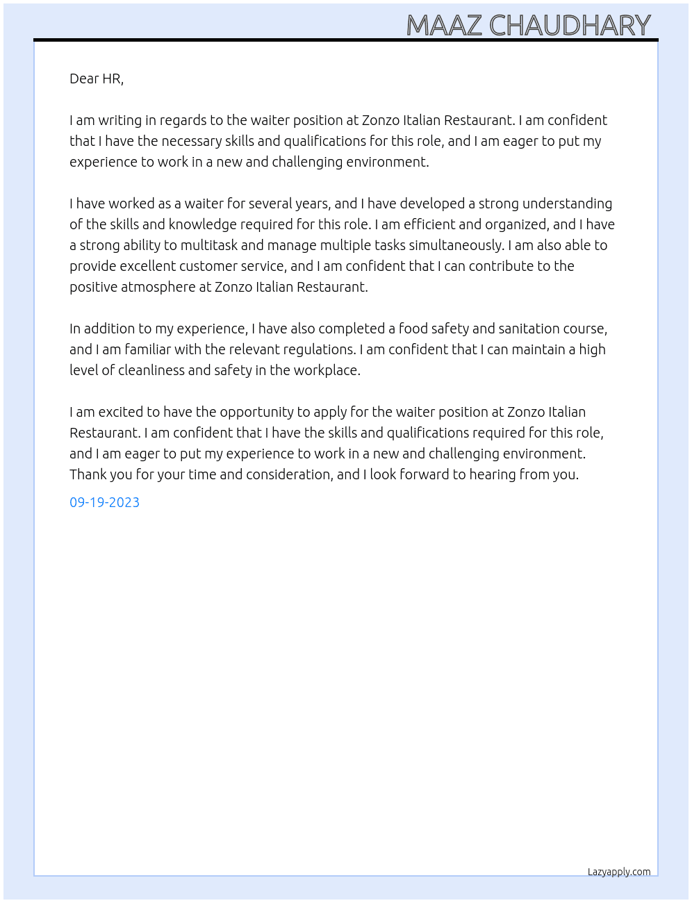 Waiter At Zonzo Italian Restaurant  Cover Letter