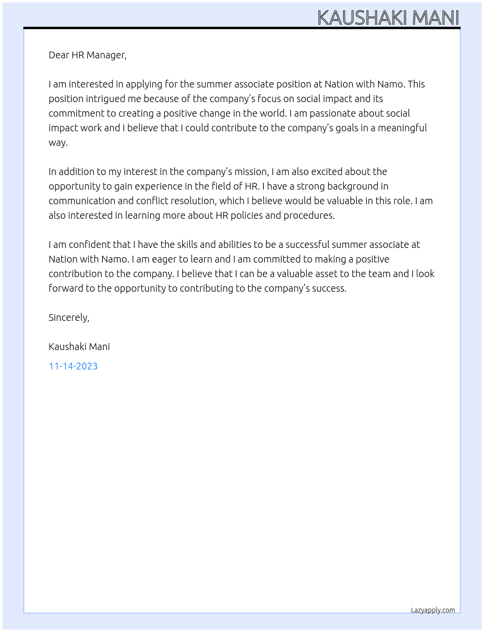 summer associate At nation with namo Cover Letter