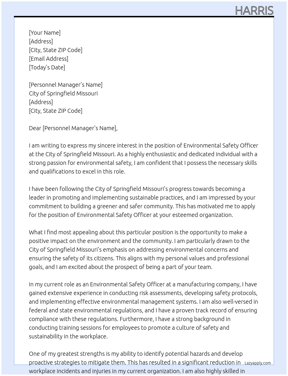 enviromental safety offocer At City Of Springfield Missouri Cover Letter