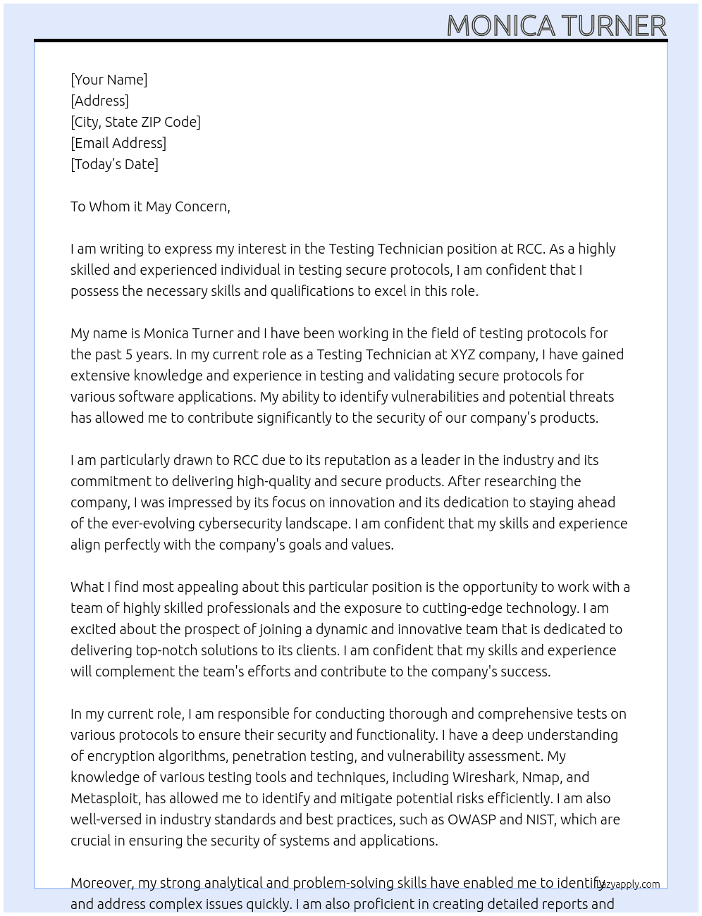 Testing Technician At RCC Cover Letter