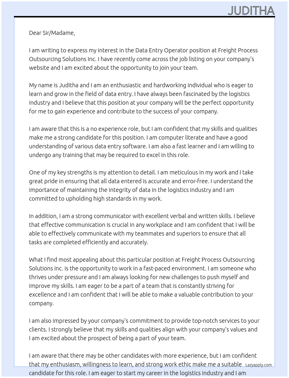 Data entry operator  At Freight Process Outsourcing Solutions Inc. Cover Letter