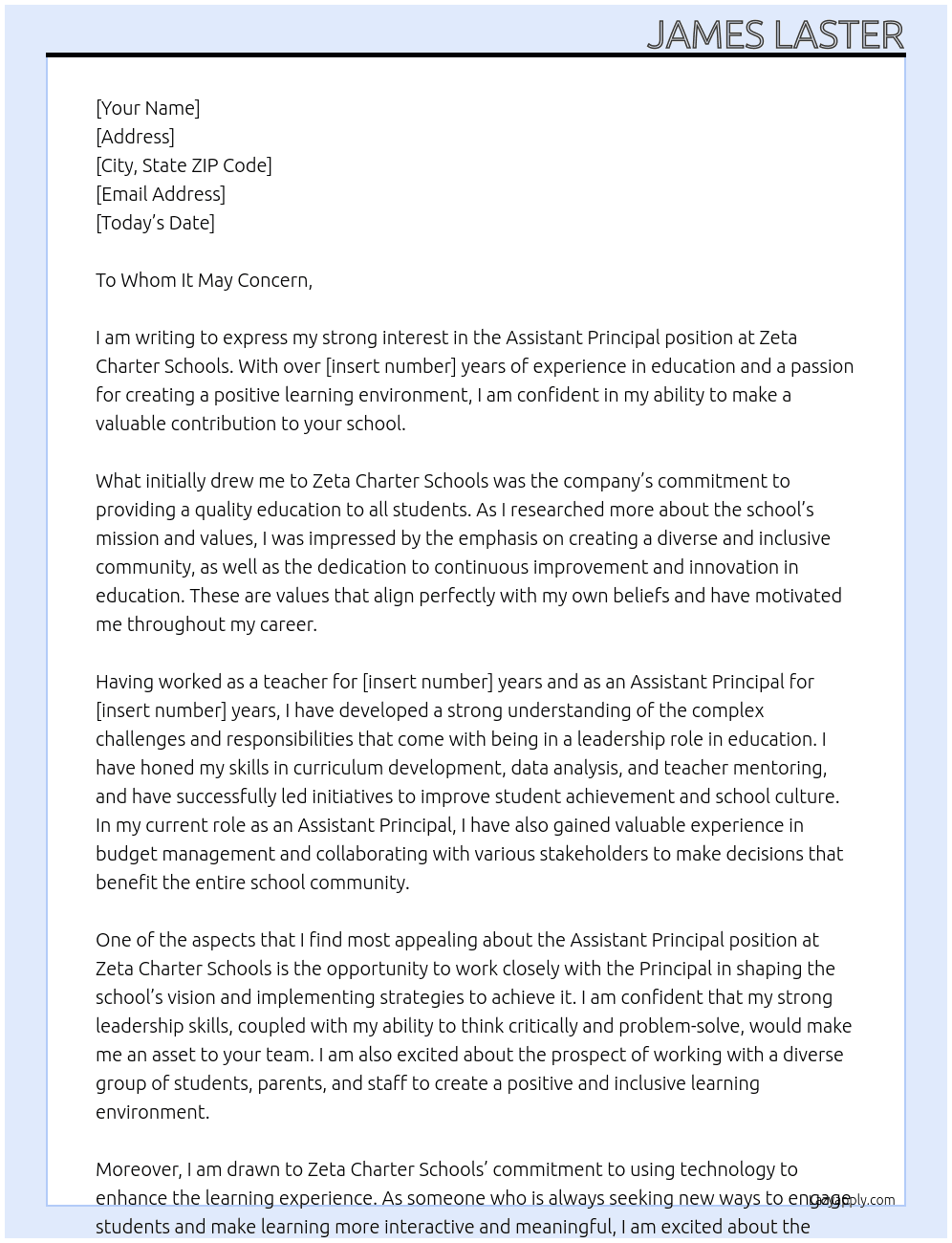 Assistant Principal At Zeta Charter Schools Cover Letter