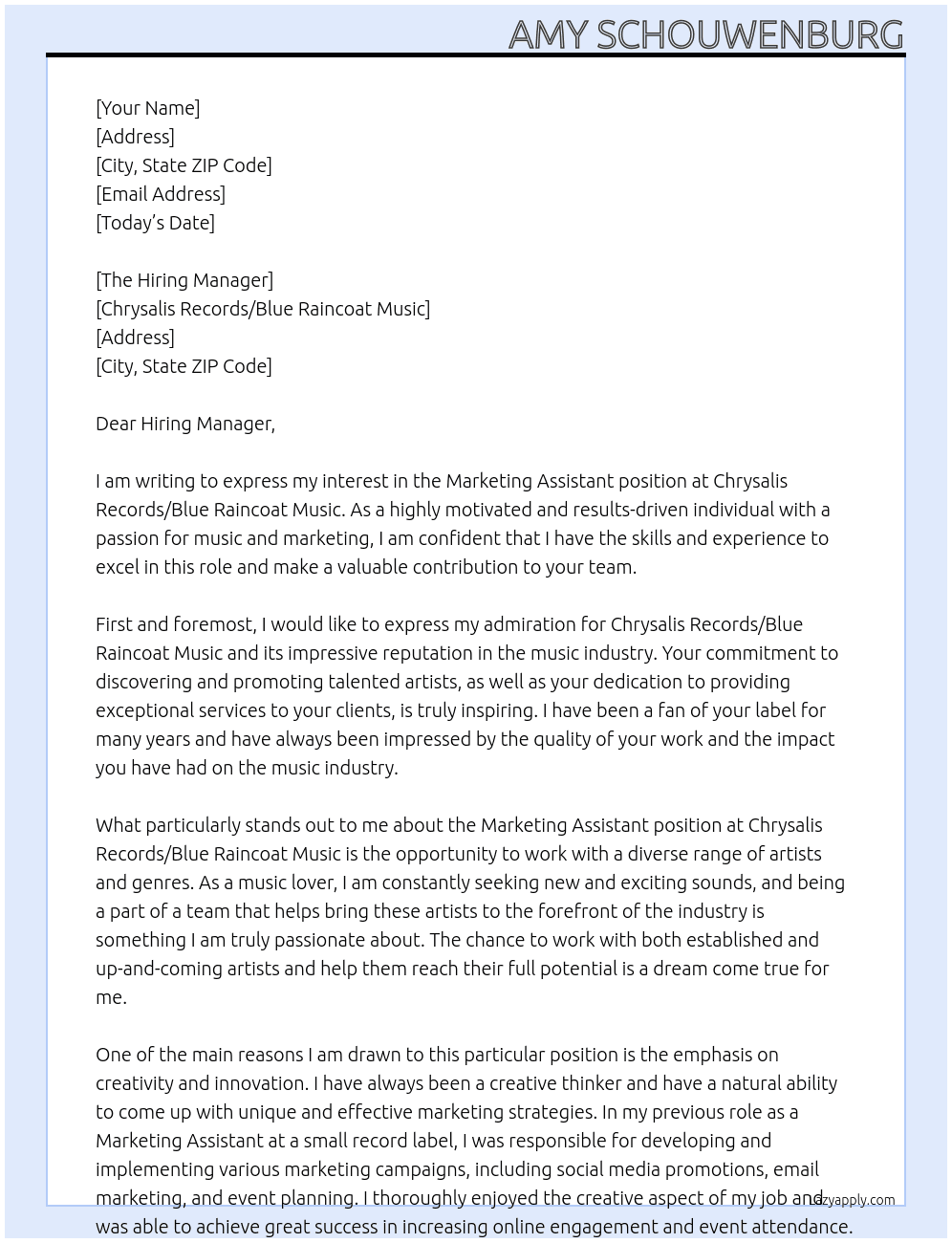 Marketing Assistant At Chrysalis Records/Blue Raincoat Music Cover Letter
