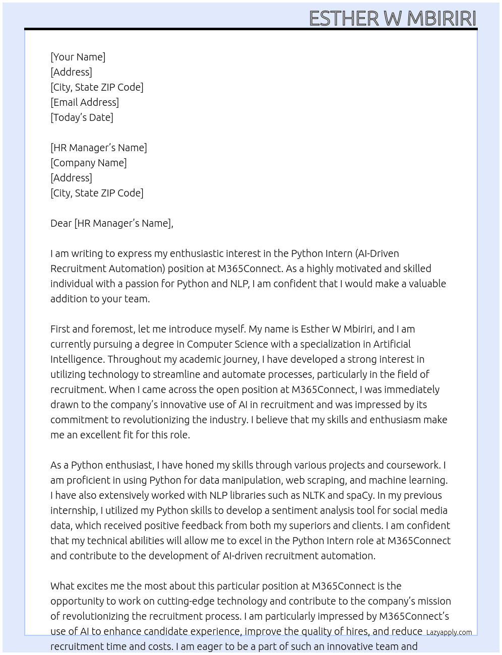 Python Intern (AI-Driven Recruitment Automation) At M365Connect Cover Letter