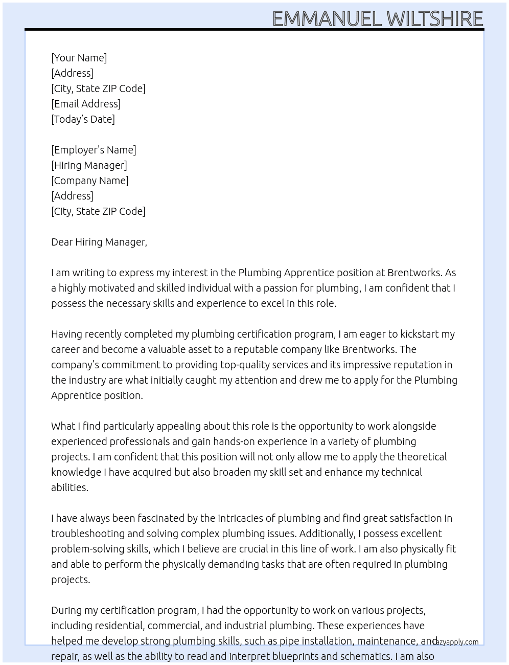 Cover letter for plumbing apprentice - LazyApply