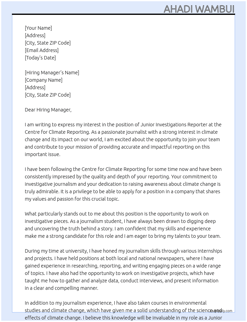 Junior investigations reporter At Centre for Climate Reporting Cover Letter