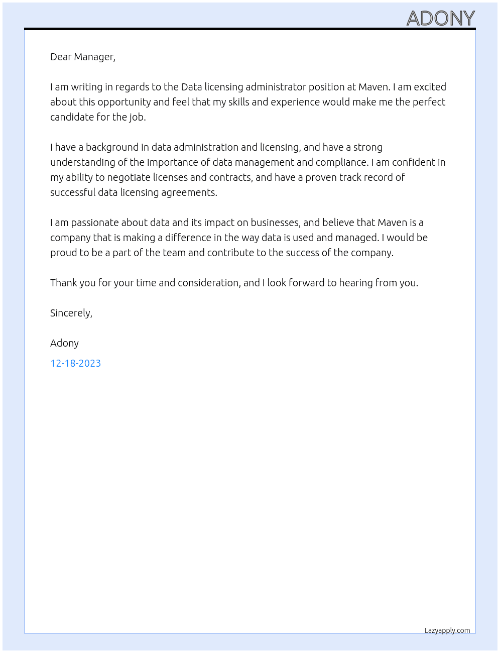 Data licensing administrator At Maven Cover Letter