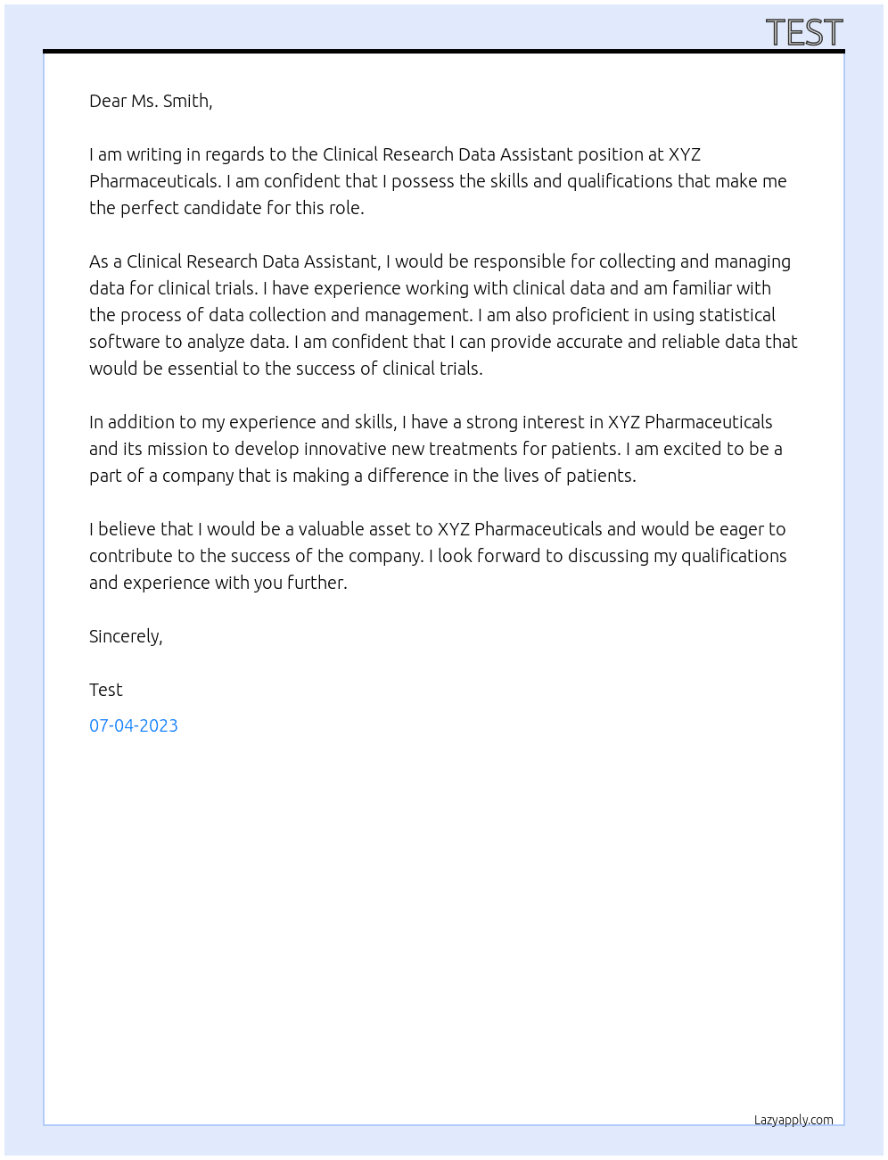 Clinical Research Data Assistant At XYZ Pharmaceuticals Cover Letter