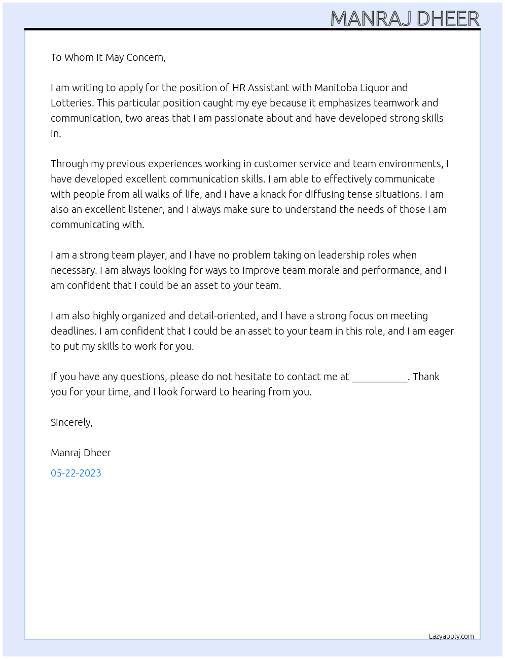 HR ASSISTANT At Manitoba Liquor and Lotteries Cover Letter