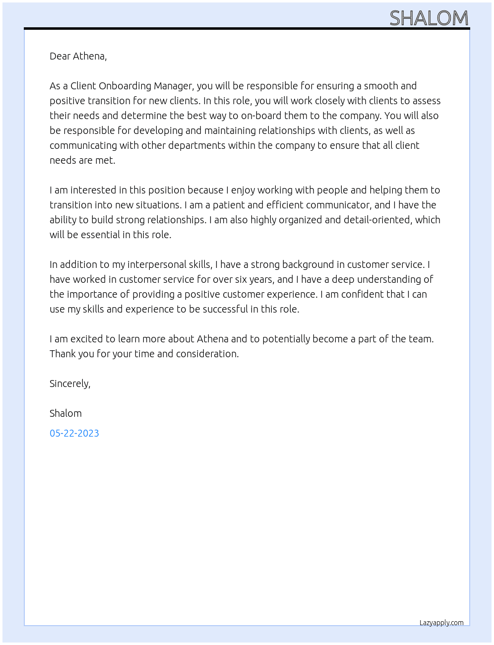 Client Onboarding Manager At Athena Cover Letter