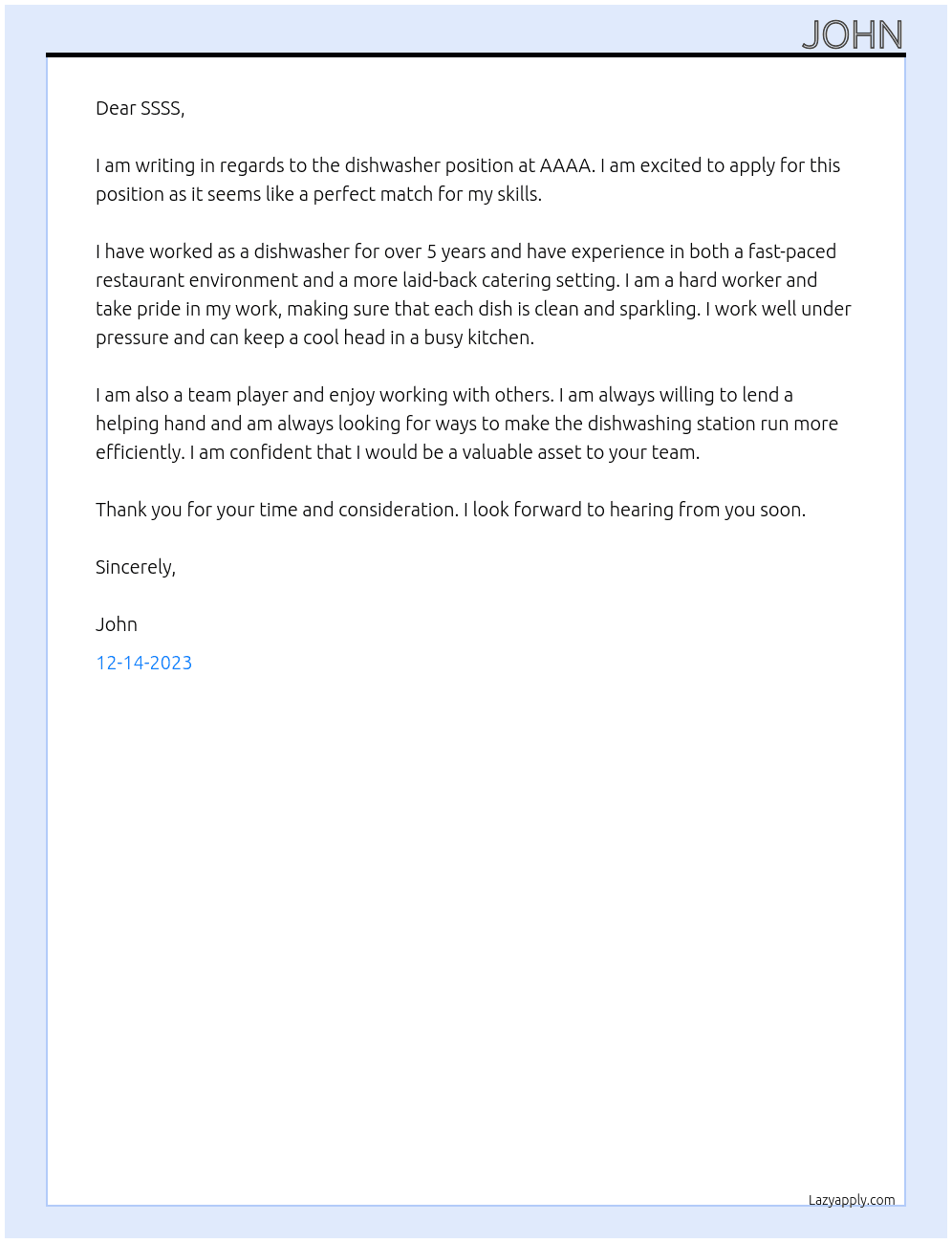 DISHWASHER At AAAA Cover Letter