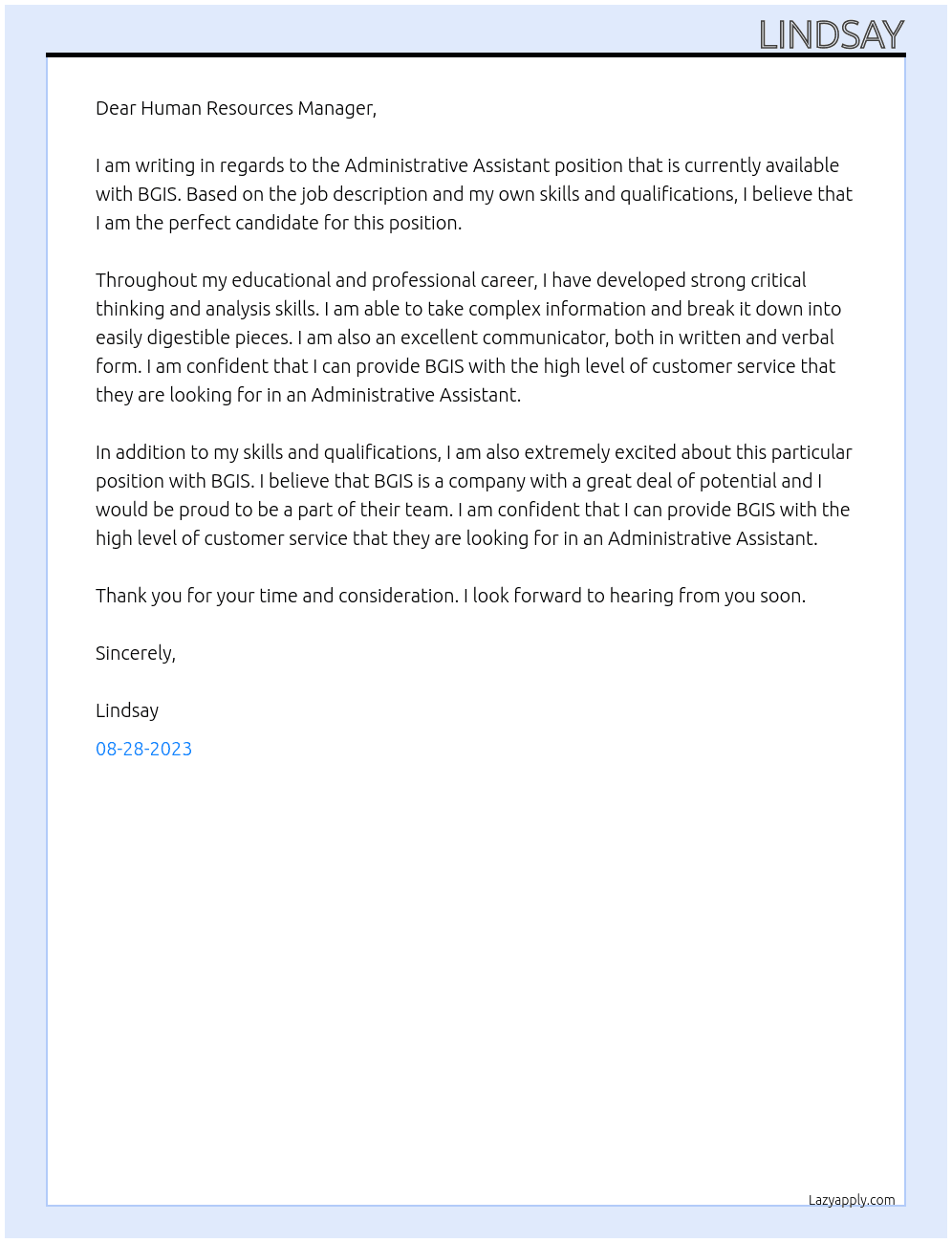 Administrative Assistant At BGIS Cover Letter