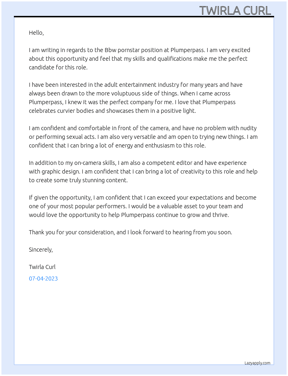 Bbw pornstar At Plumperpass  Cover Letter