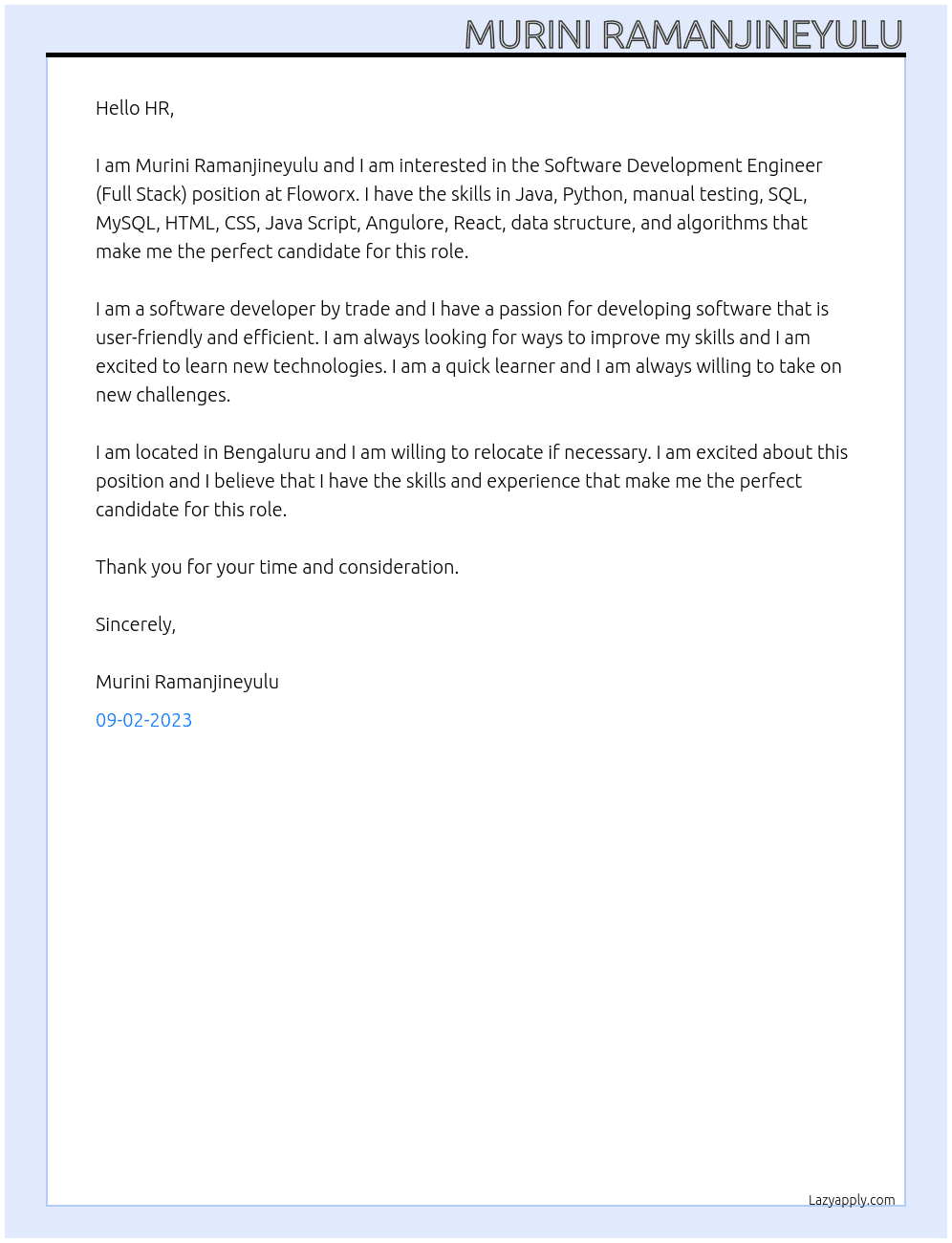 Software Development Engineer (Full Stack) At Floworx Cover Letter