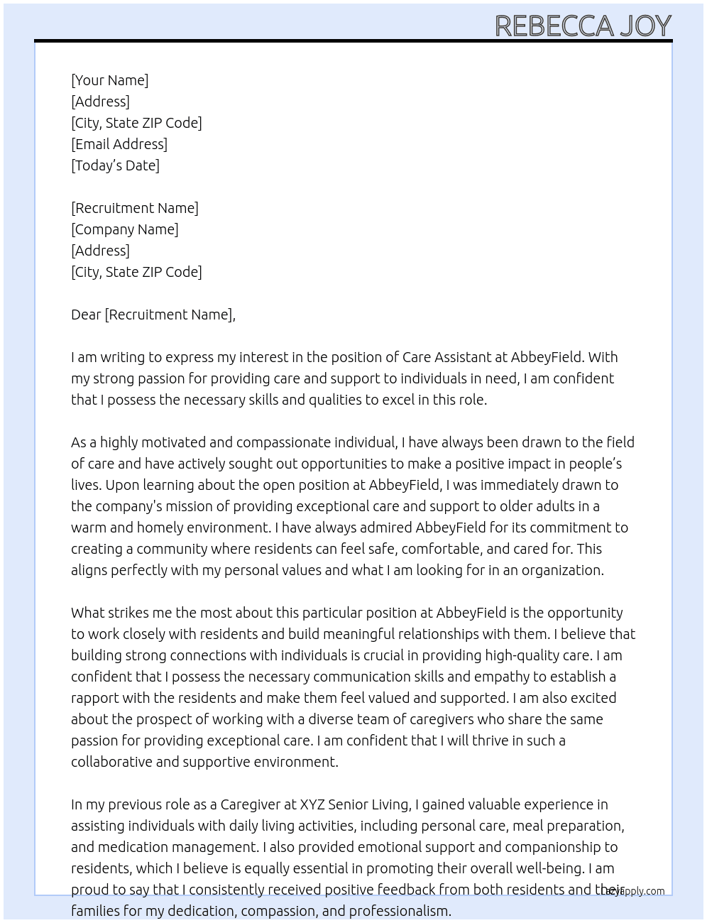 Care assistant  At AbbeyField  Cover Letter