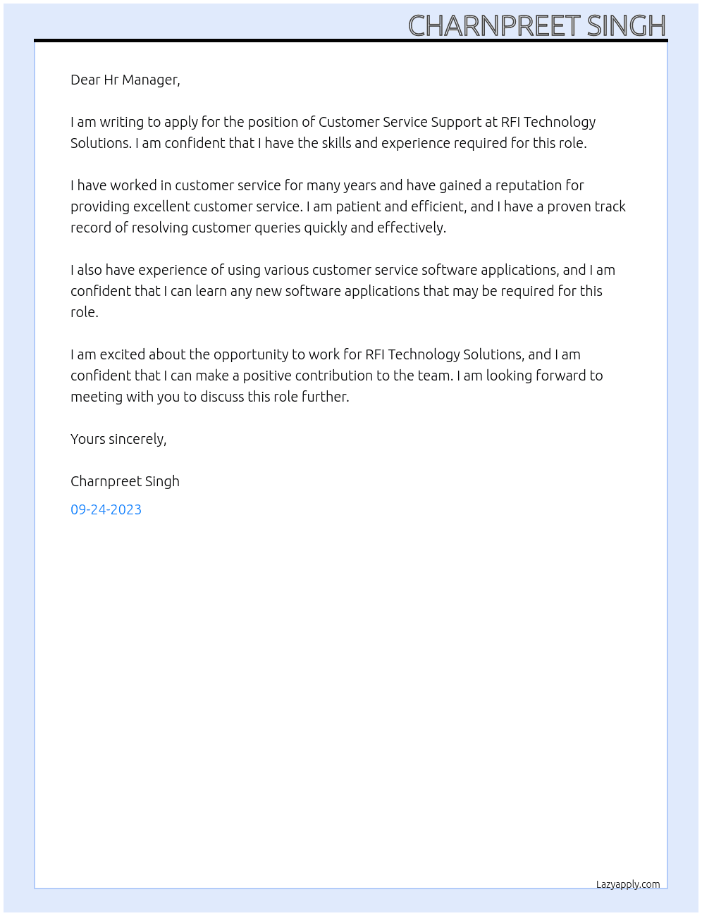 Customer Service Support At RFI Technology Solutions Cover Letter