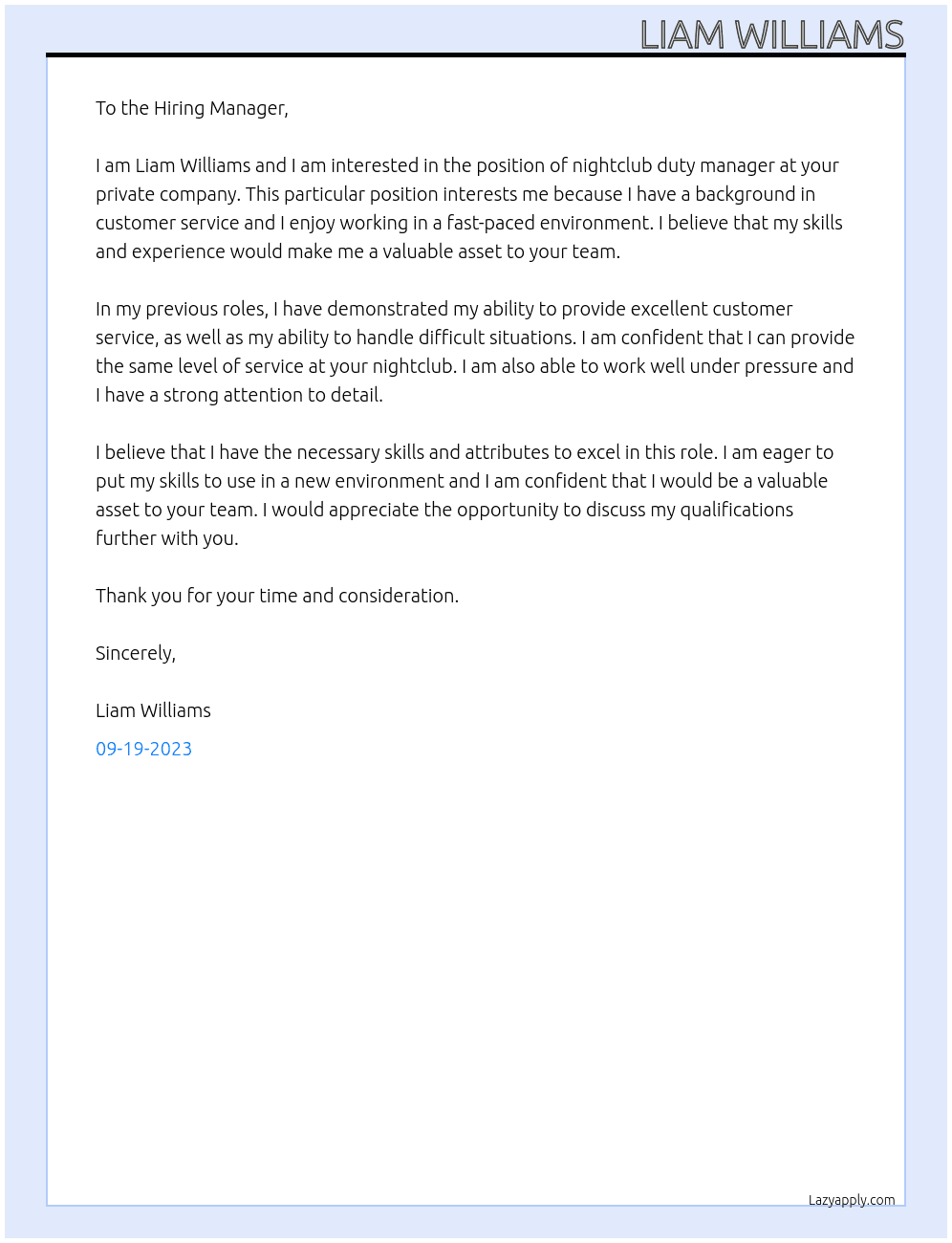 Nightclub duty manager At Private company Cover Letter