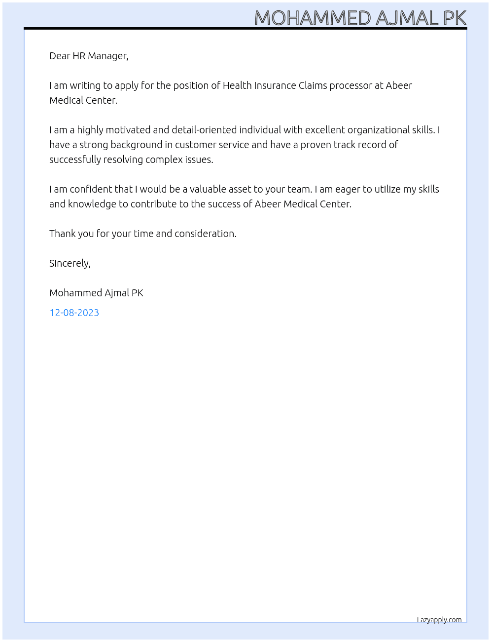 Health Insurance Claims processor At Abeer Medical Center, Sharafiyah, Jeddah Cover Letter