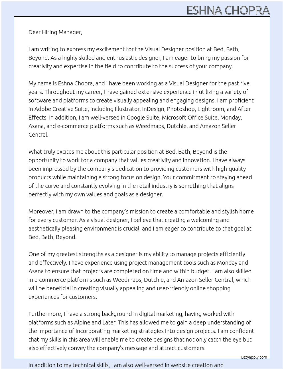 Visual Designer  At Bed, Bath, Beyond Cover Letter