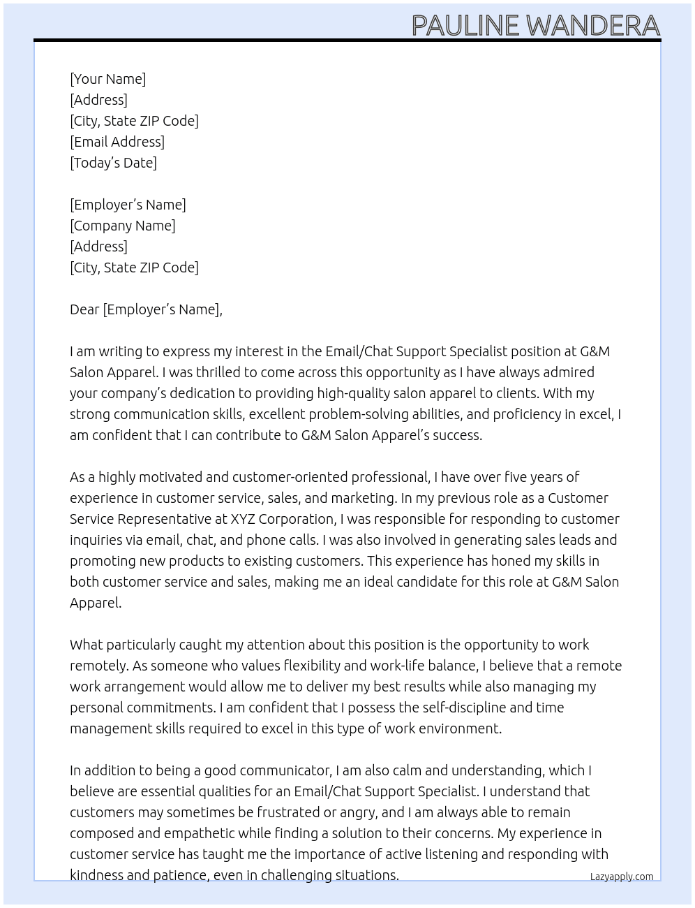 Email/Chat Support Specialist  At G&M Salon Apparel  Cover Letter