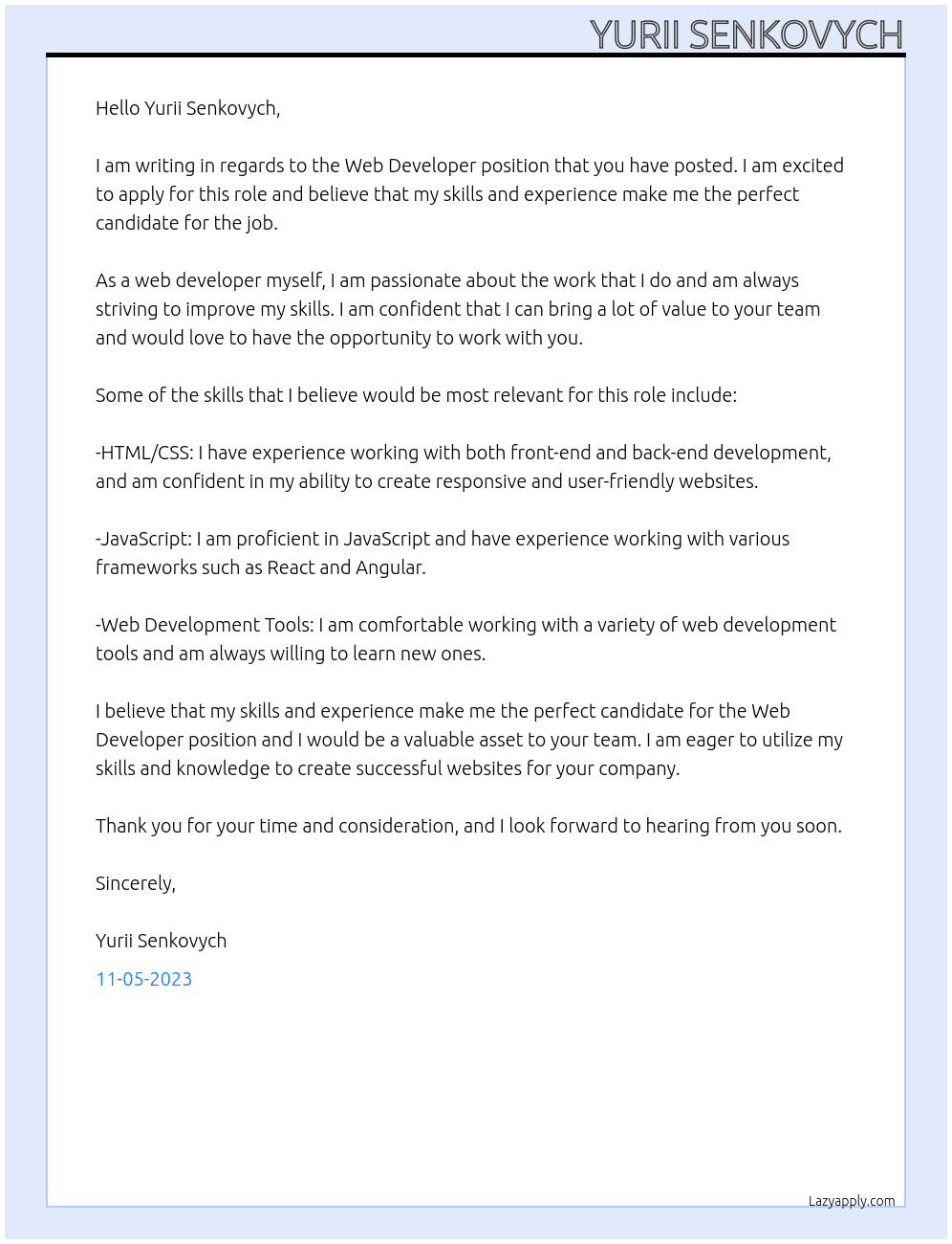 Web Developer At Yurii Senkovych Cover Letter