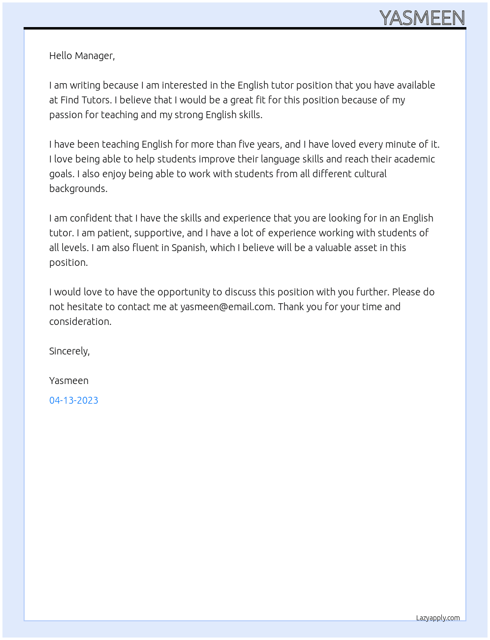 english tutor At find tutors Cover Letter