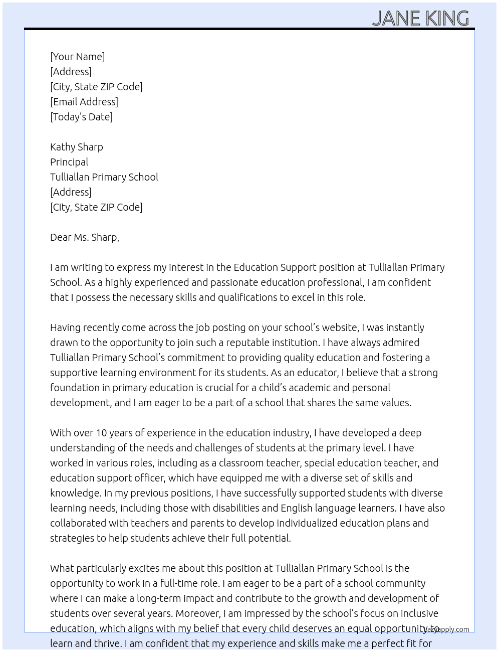 Education Support  At Tulliallan Primary School Cover Letter