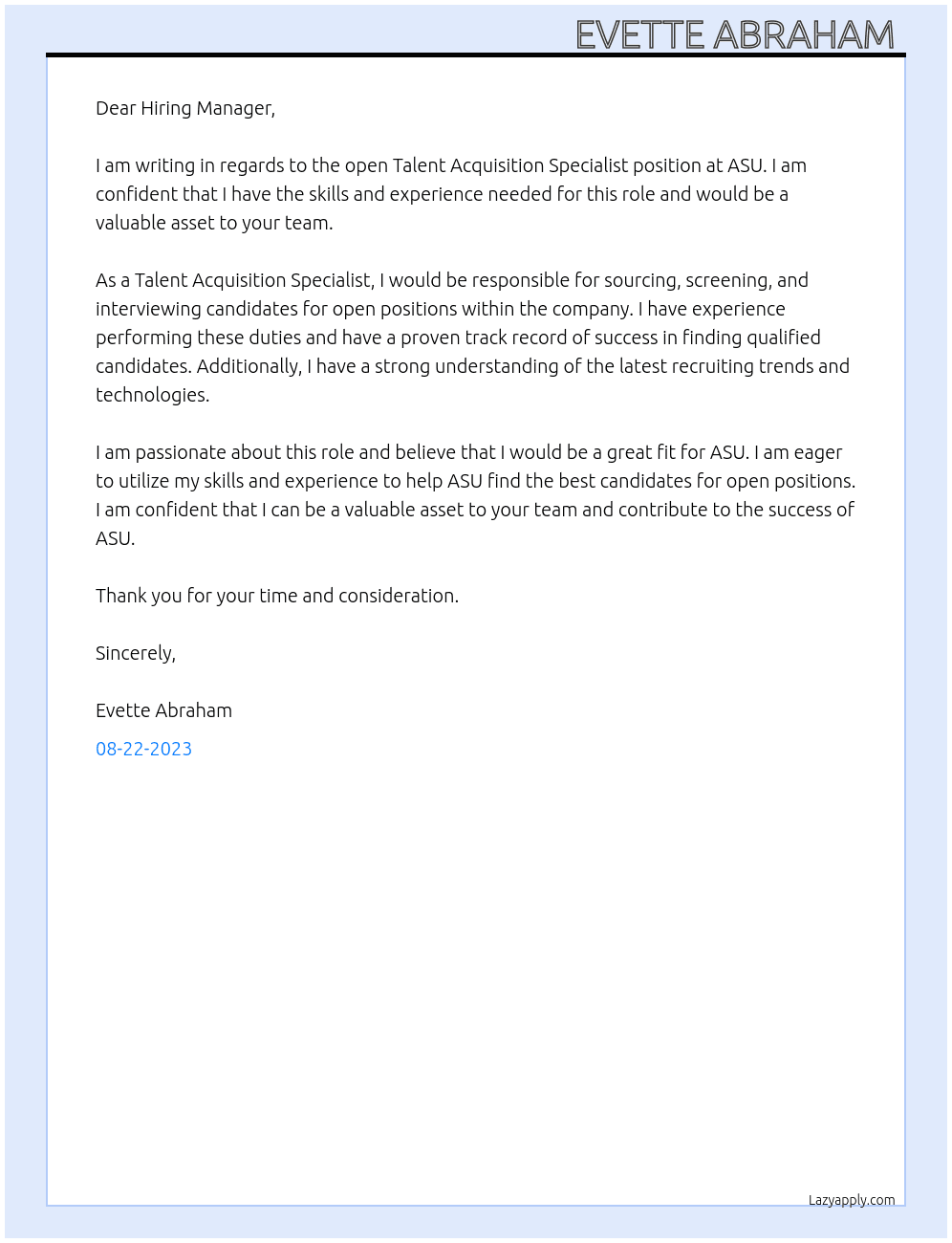 Talent Acquisition Specialist  At ASU Cover Letter