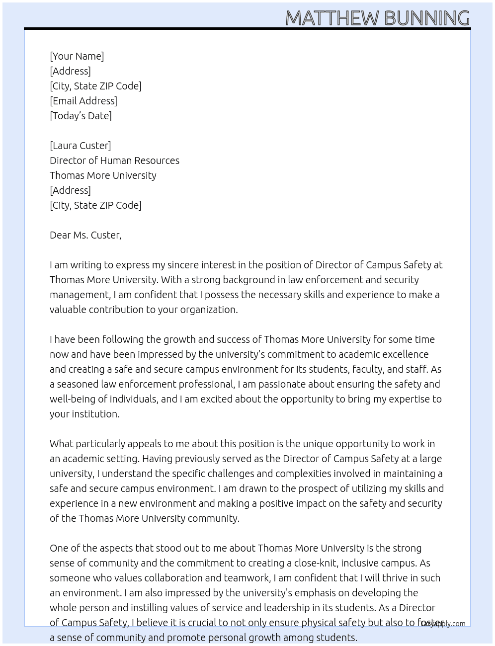 Director of Campus Safety At Thomas More University Cover Letter
