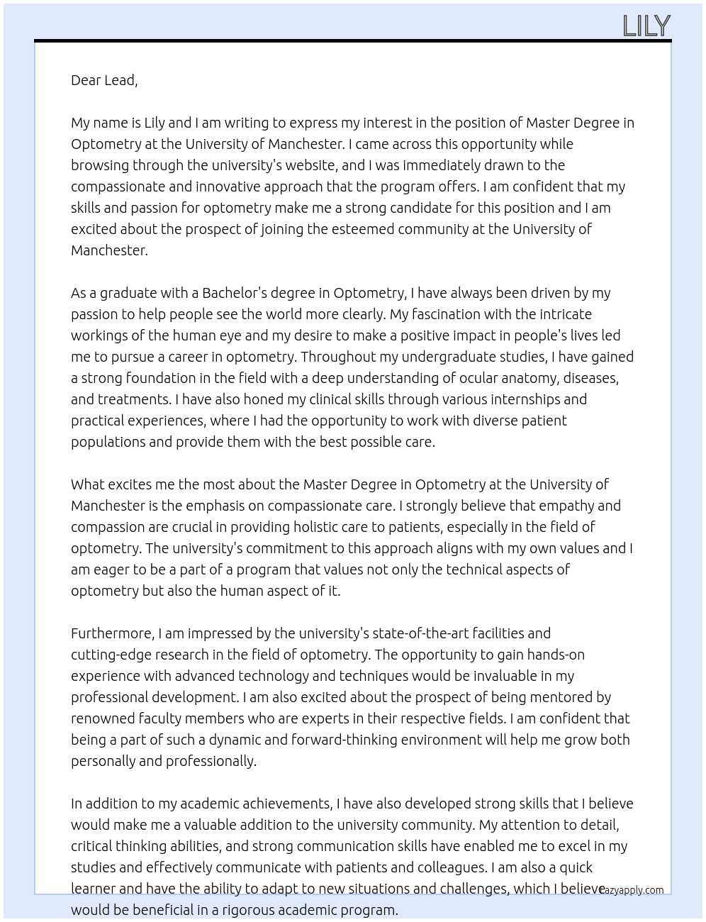 master degree in optometry At university of manchester  Cover Letter