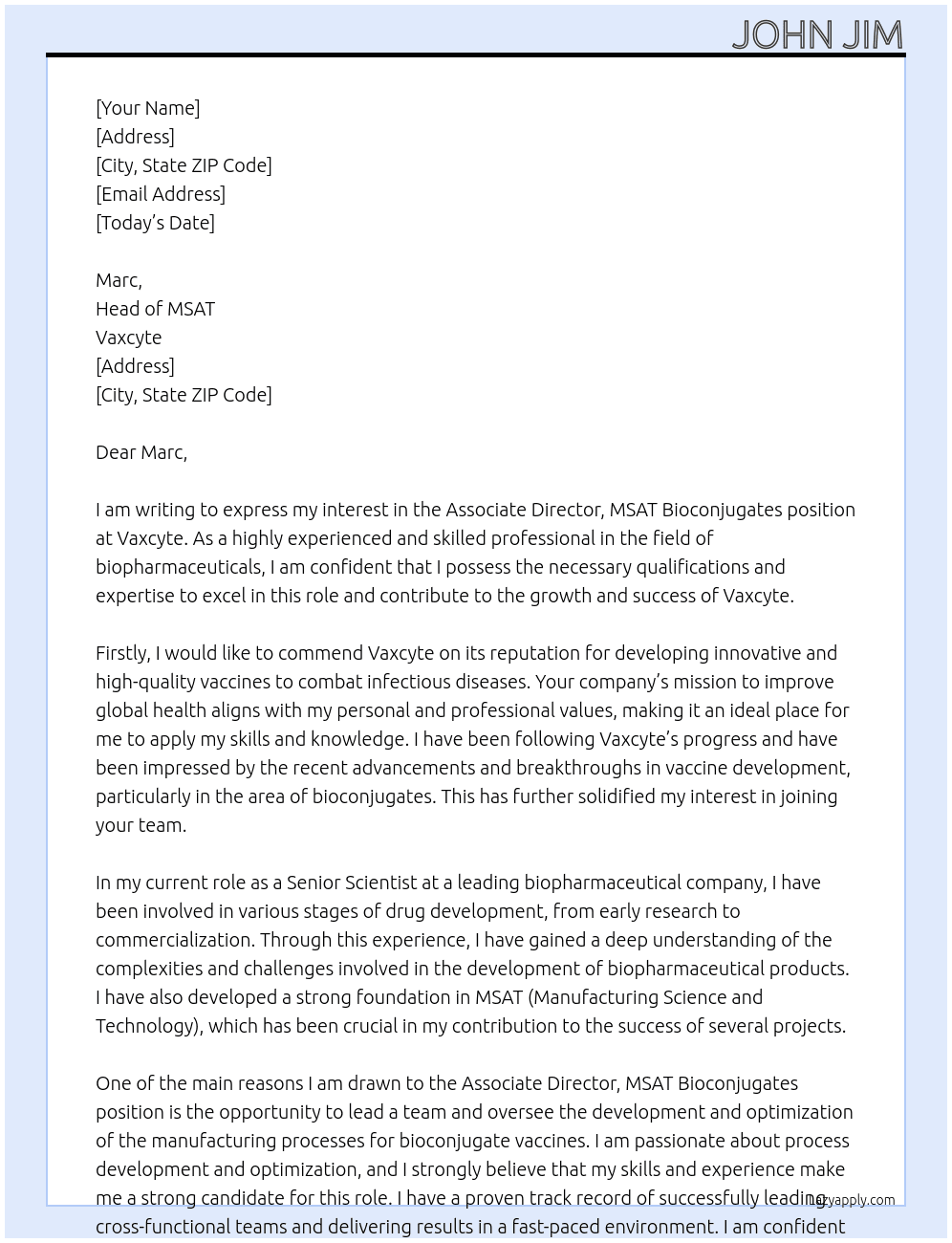 Associate Director, MSAT Bioconjugates At Vaxcyte Cover Letter