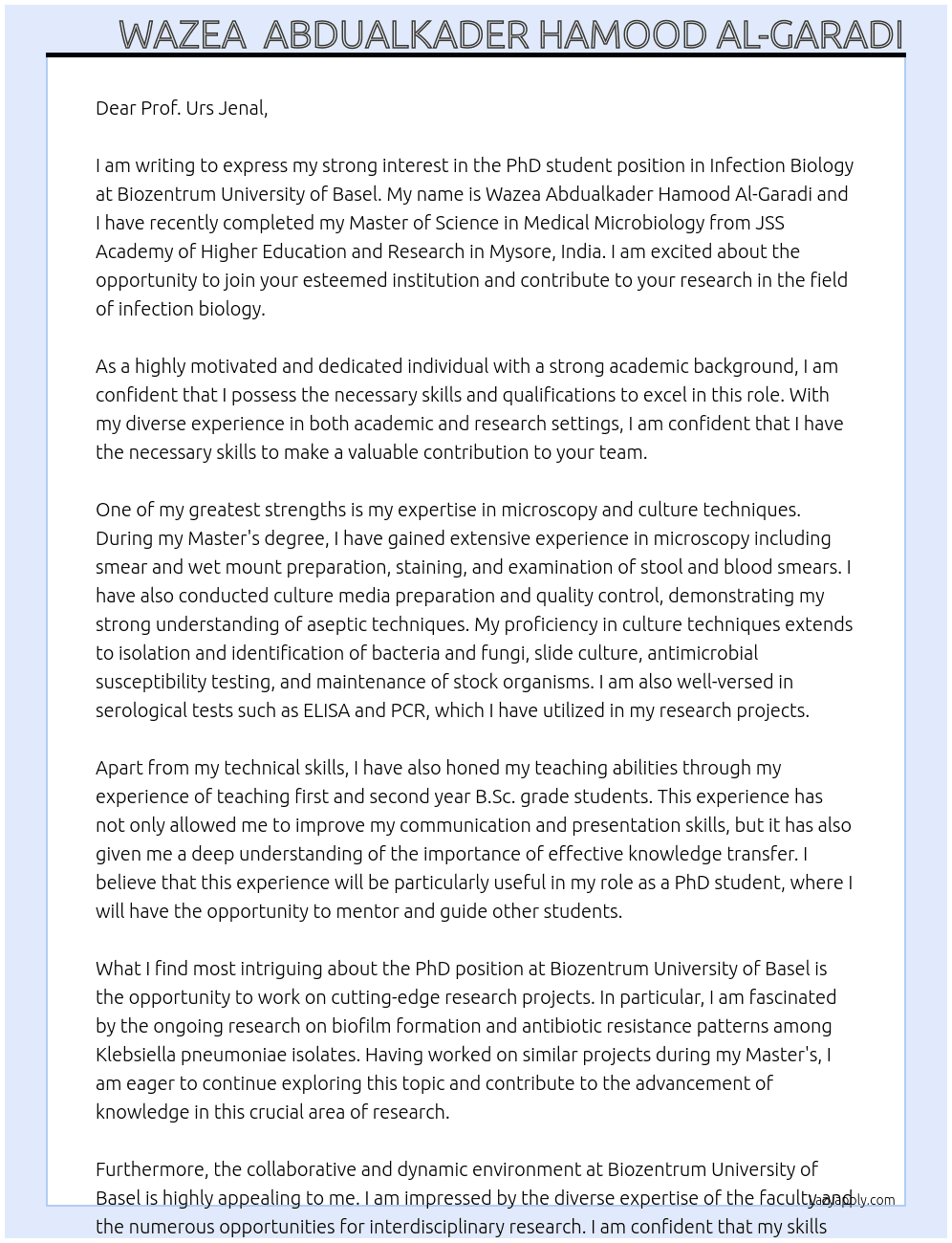 PhD student position in Infection Biology At Biozentrum university of basel Cover Letter