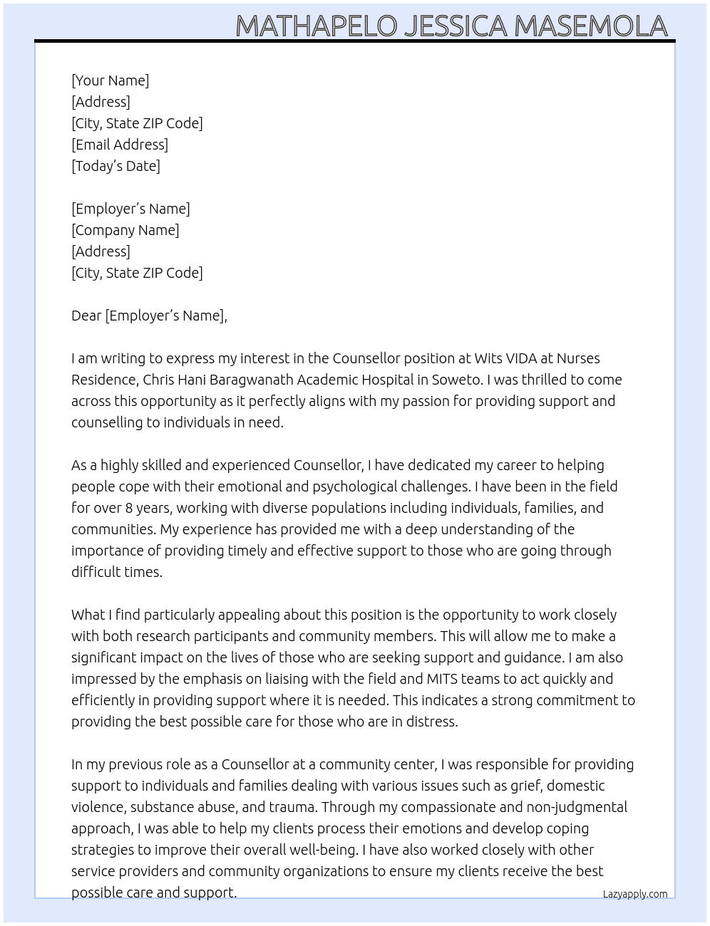 Counsellor At Wits VIDA, Nurses Residence, Chris Hani Baragwanath Academic Hospital, Soweto Cover Letter