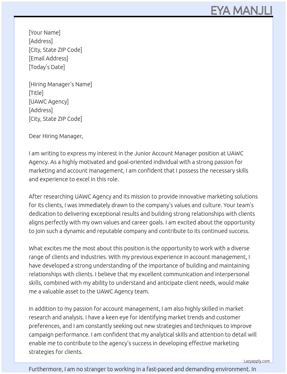 Junior Account Manager At UAWC Agency Cover Letter