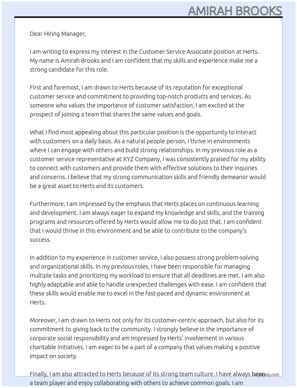 Customer Service Assocciate  At Herts Cover Letter