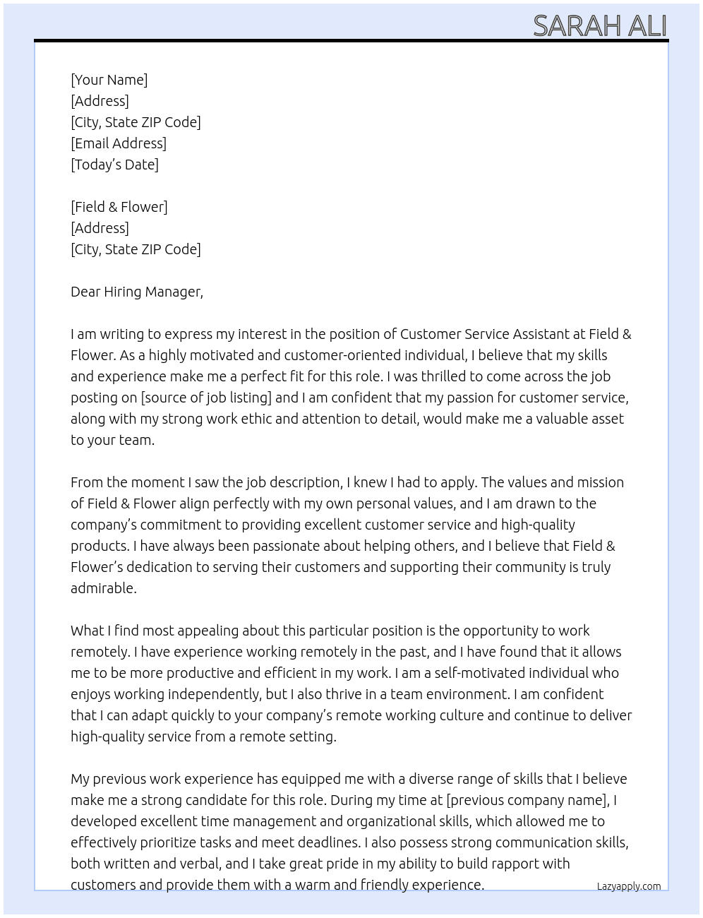 Customer service assistant At Field & Flower Cover Letter