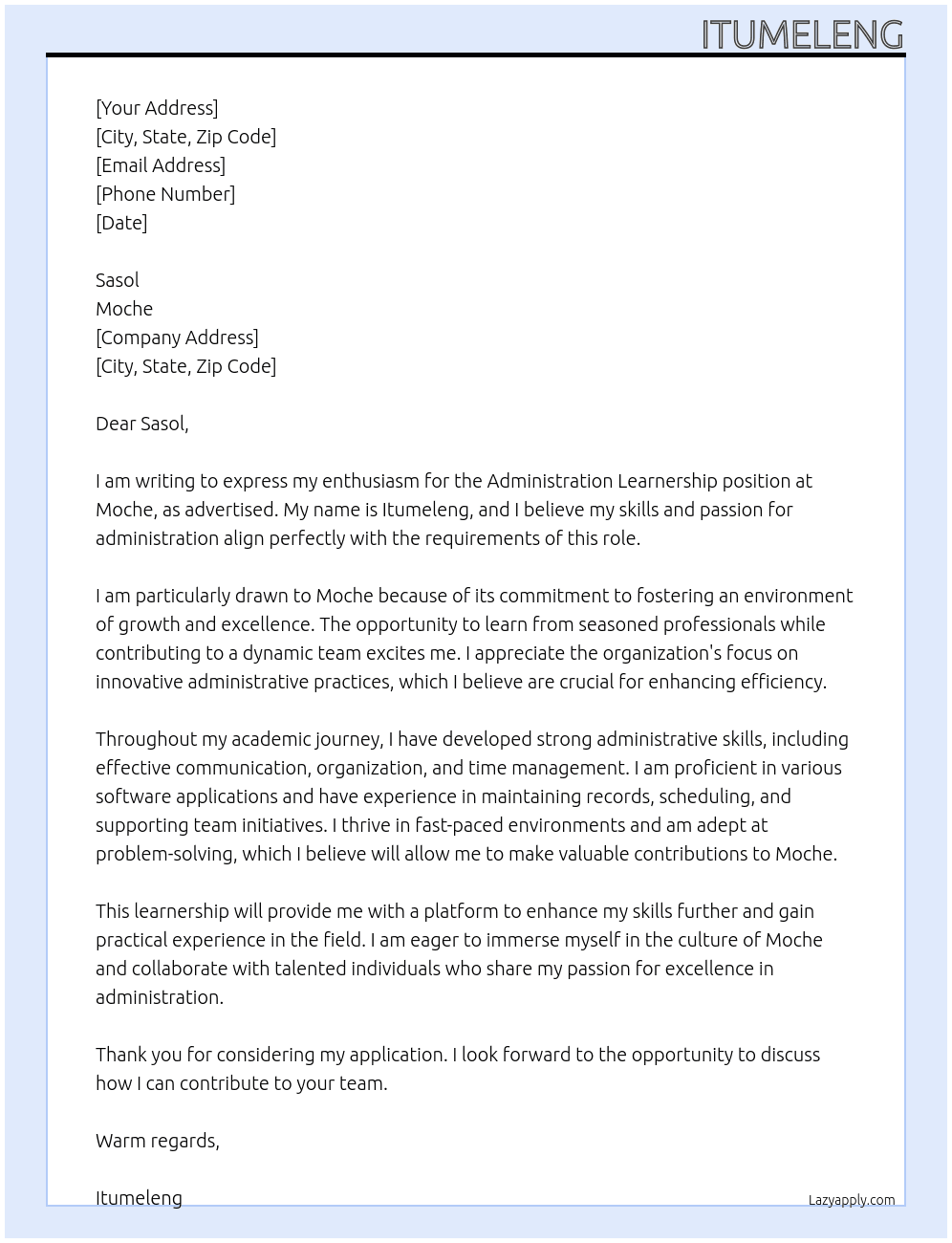 Administration Learnership At Moche Cover Letter