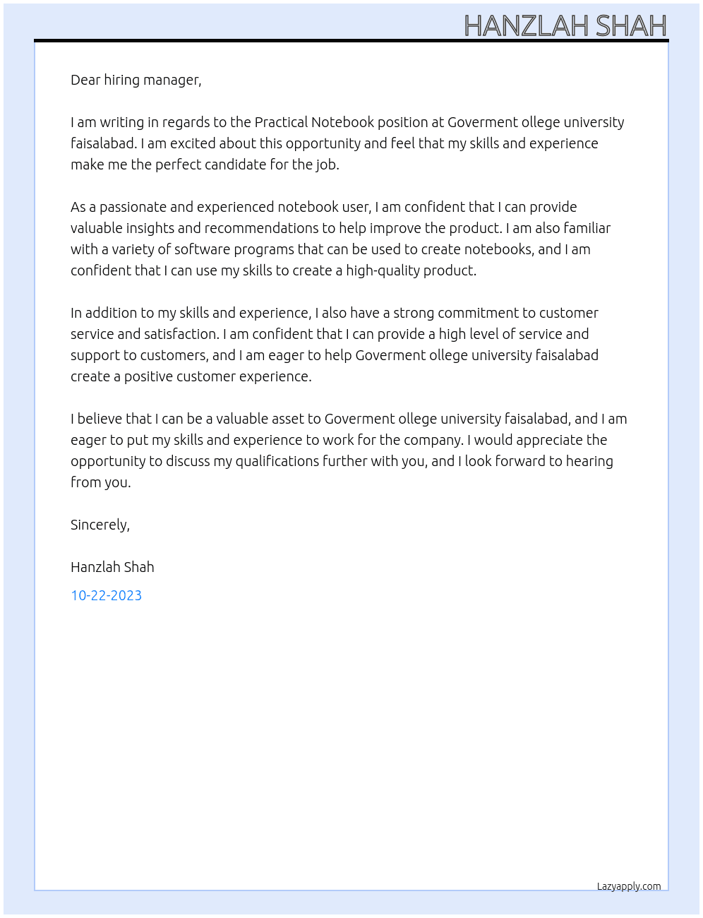 Practical notebook At Goverment ollege university faisalabad Cover Letter