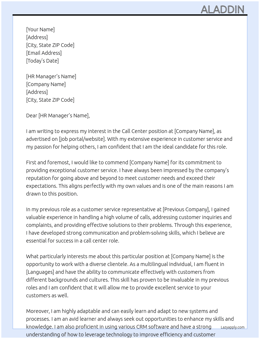 Call Center At Xyz Cover Letter