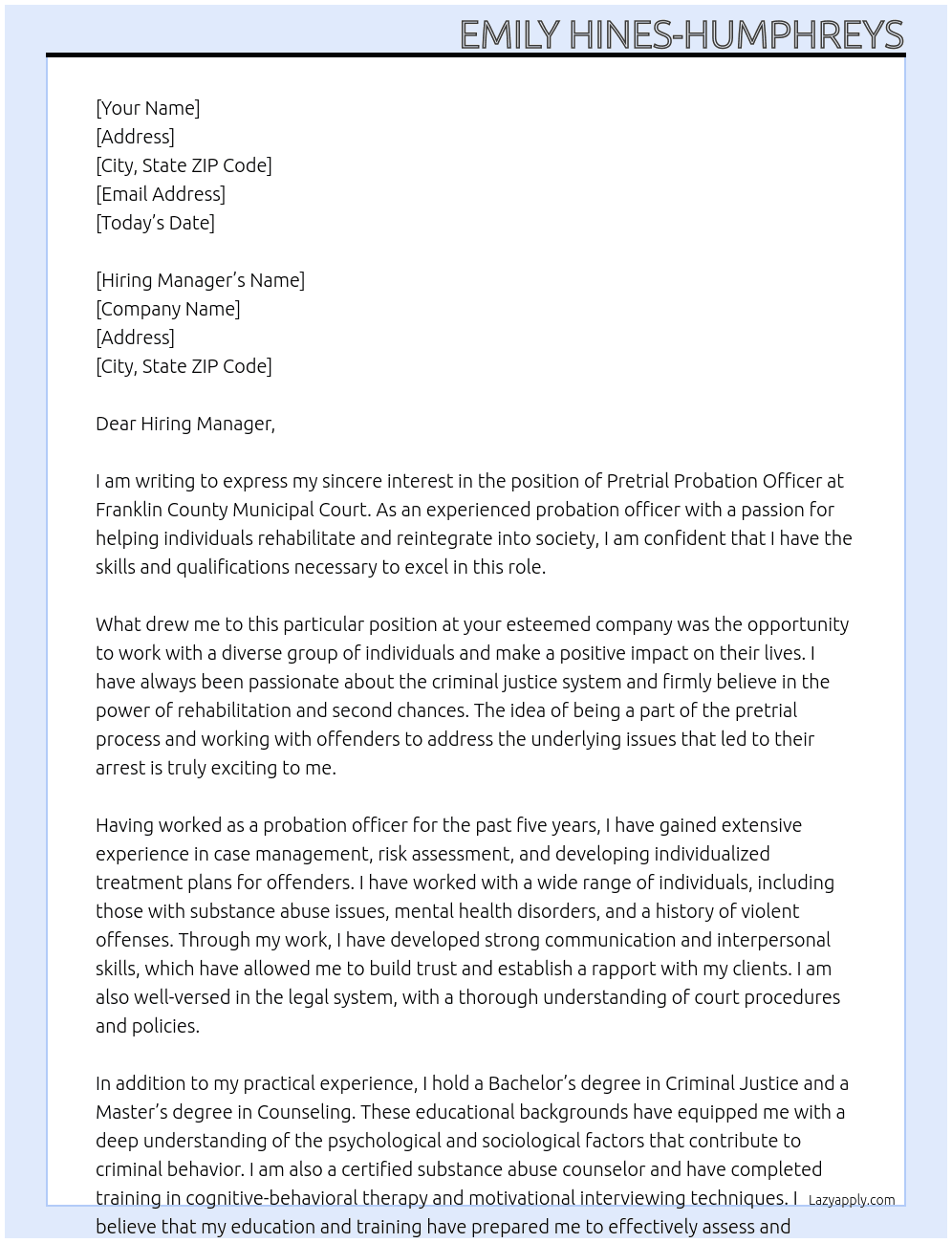 Pretrial Probation Officer  At Franklin County Municipal Court Cover Letter