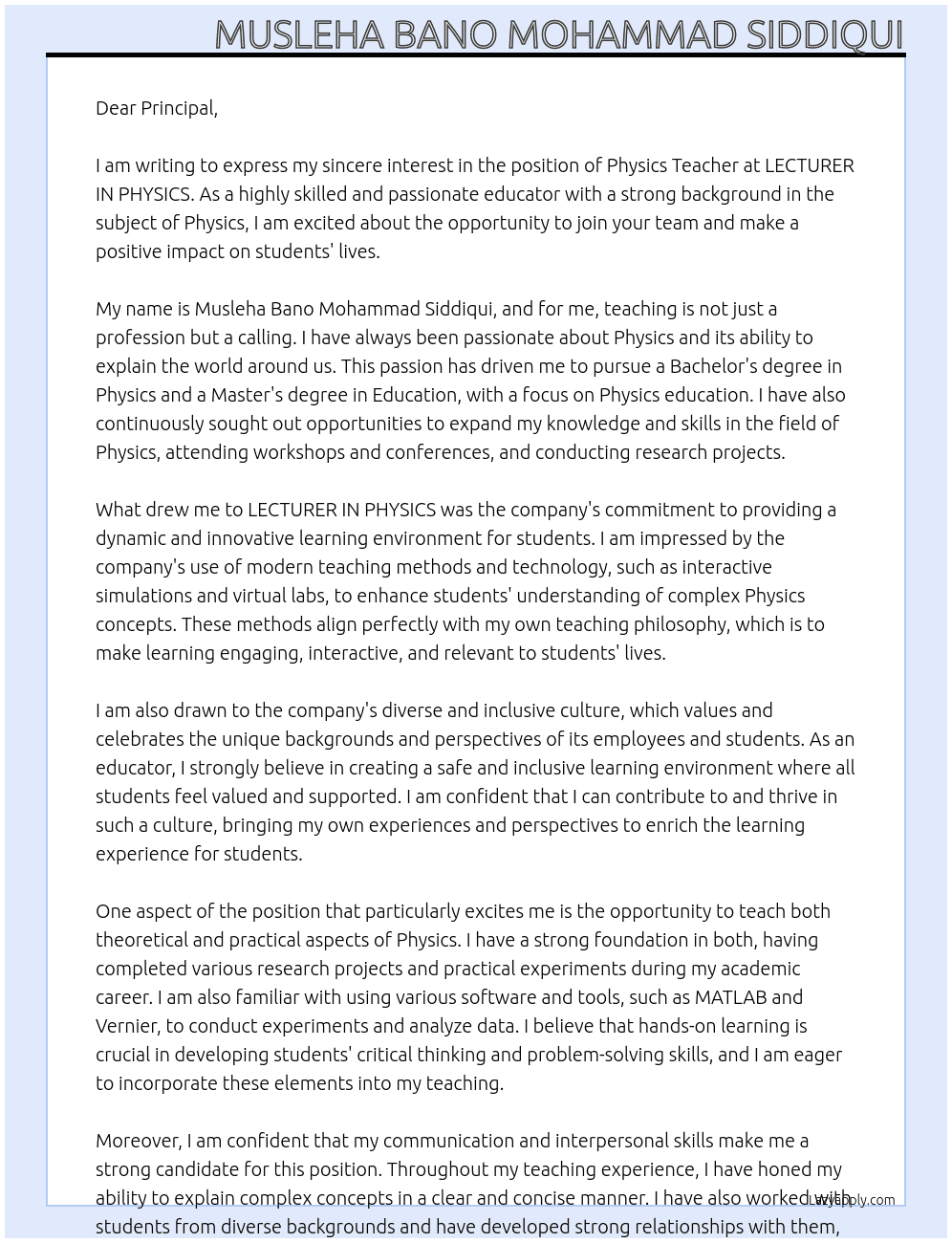 PHYSICS TEACHER At LECTURER IN PHYSICS Cover Letter