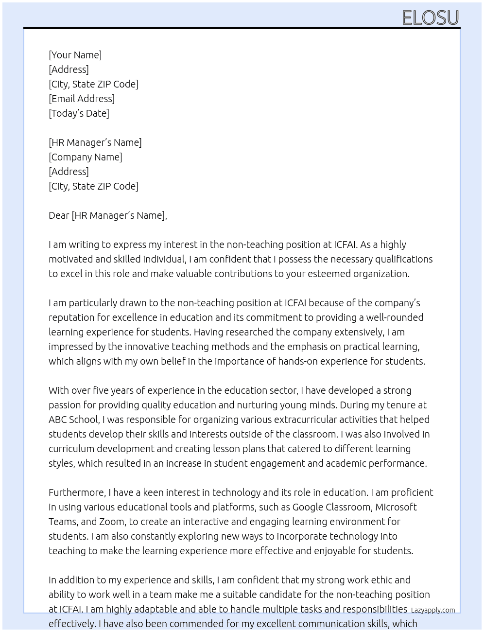 non teaching At ICFAI Cover Letter