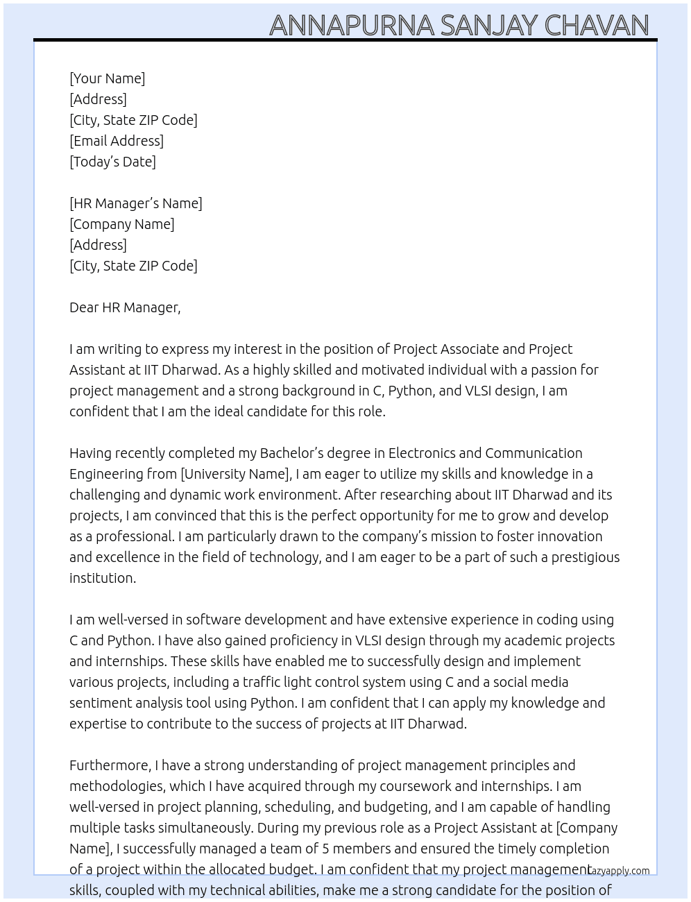 Project associate and Project assistant  At IIT Dharwad  Cover Letter