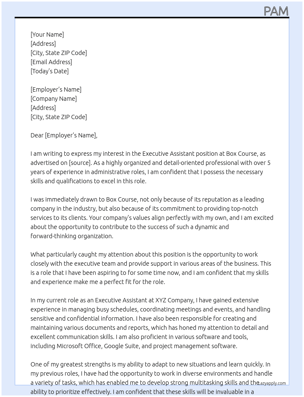 Executive assistant At Box course Cover Letter