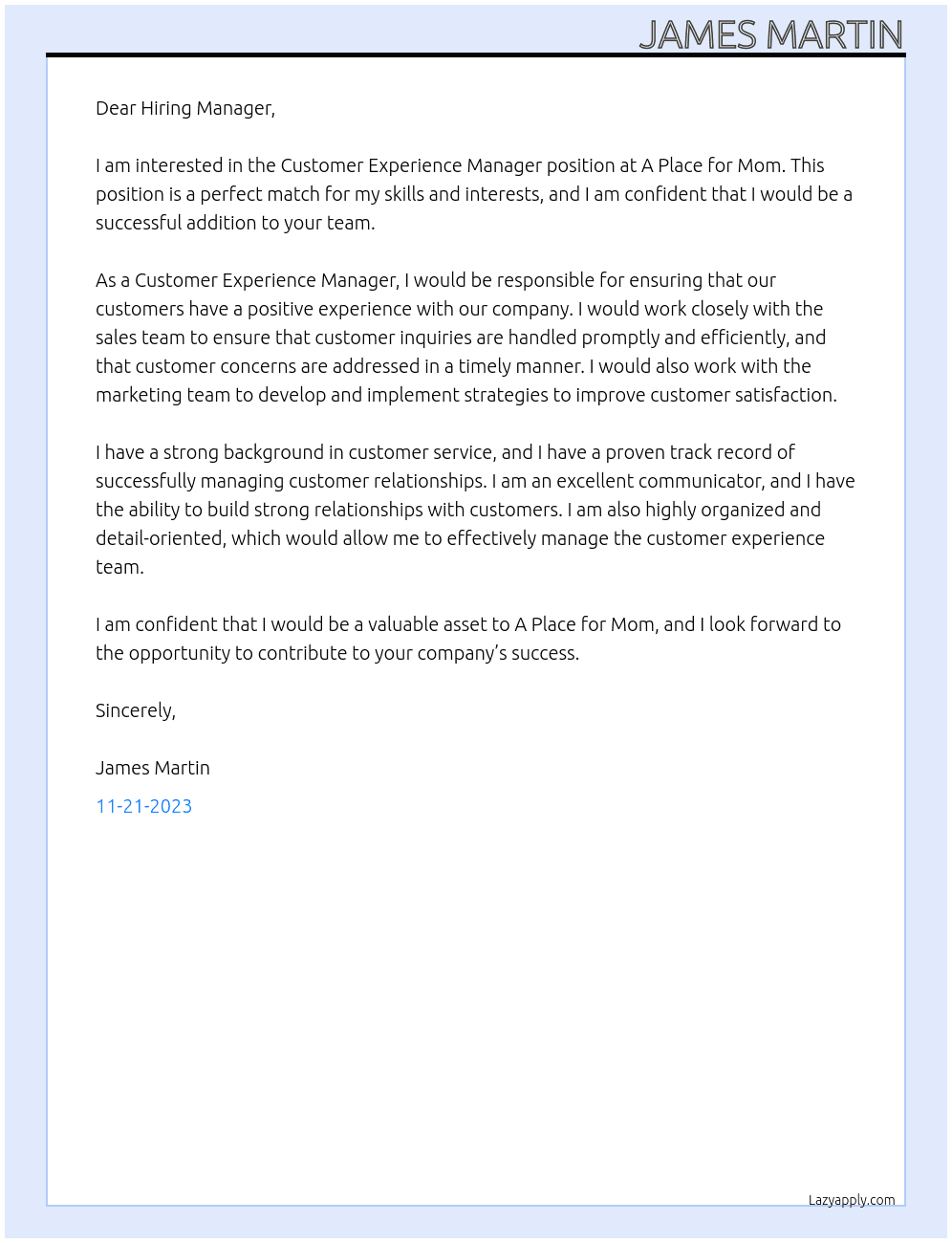 Customer Experience Manager At A Place for Mom Cover Letter
