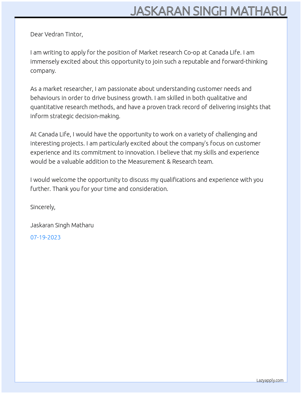 Market research Co-op At Canada Life Cover Letter