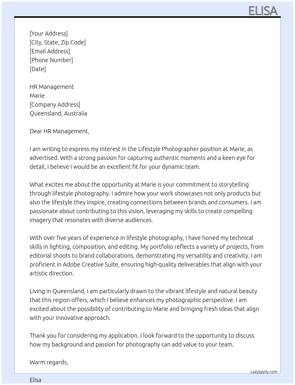 Lifestyle photographer  At Marie  Cover Letter