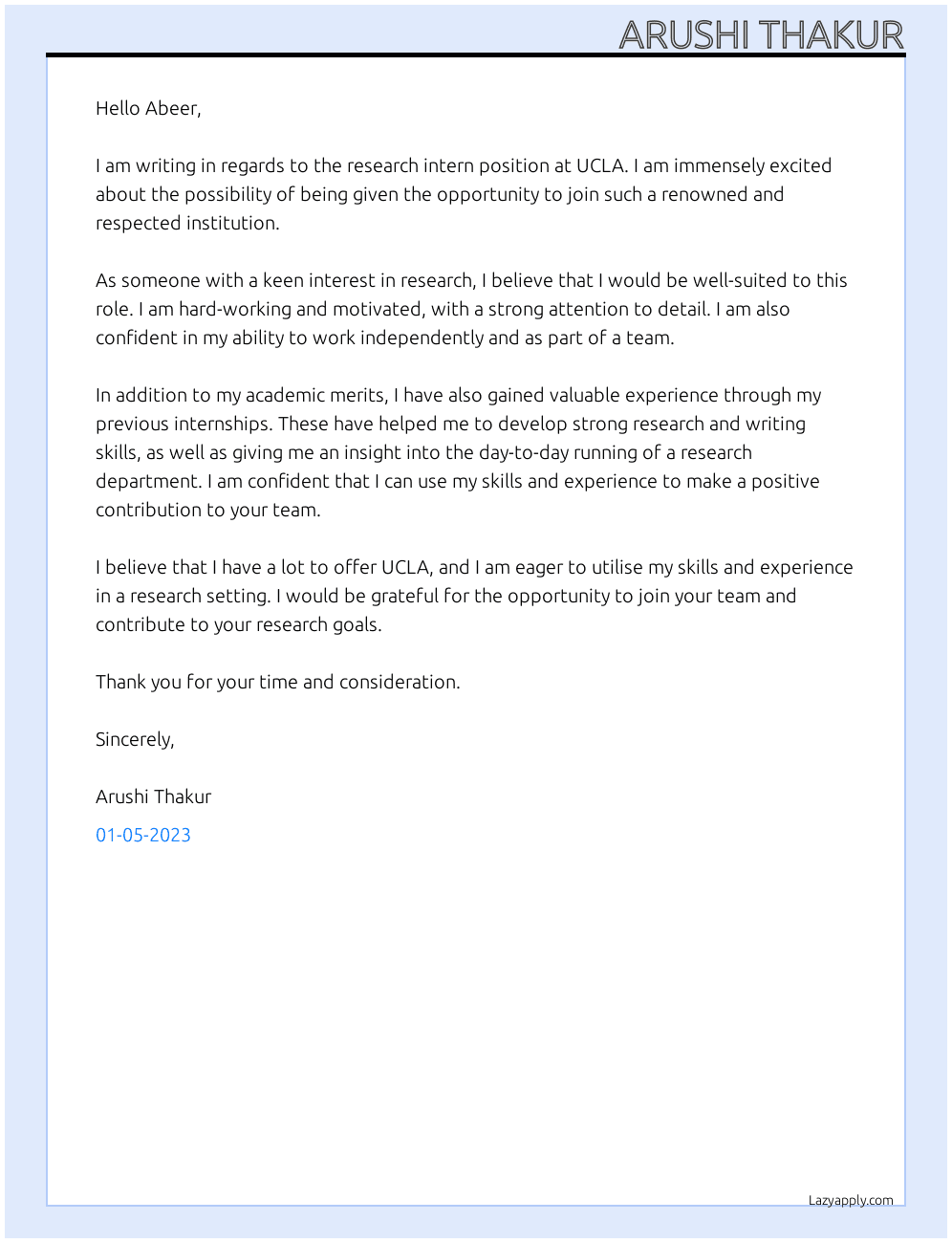 Research intern  At Ucla Cover Letter
