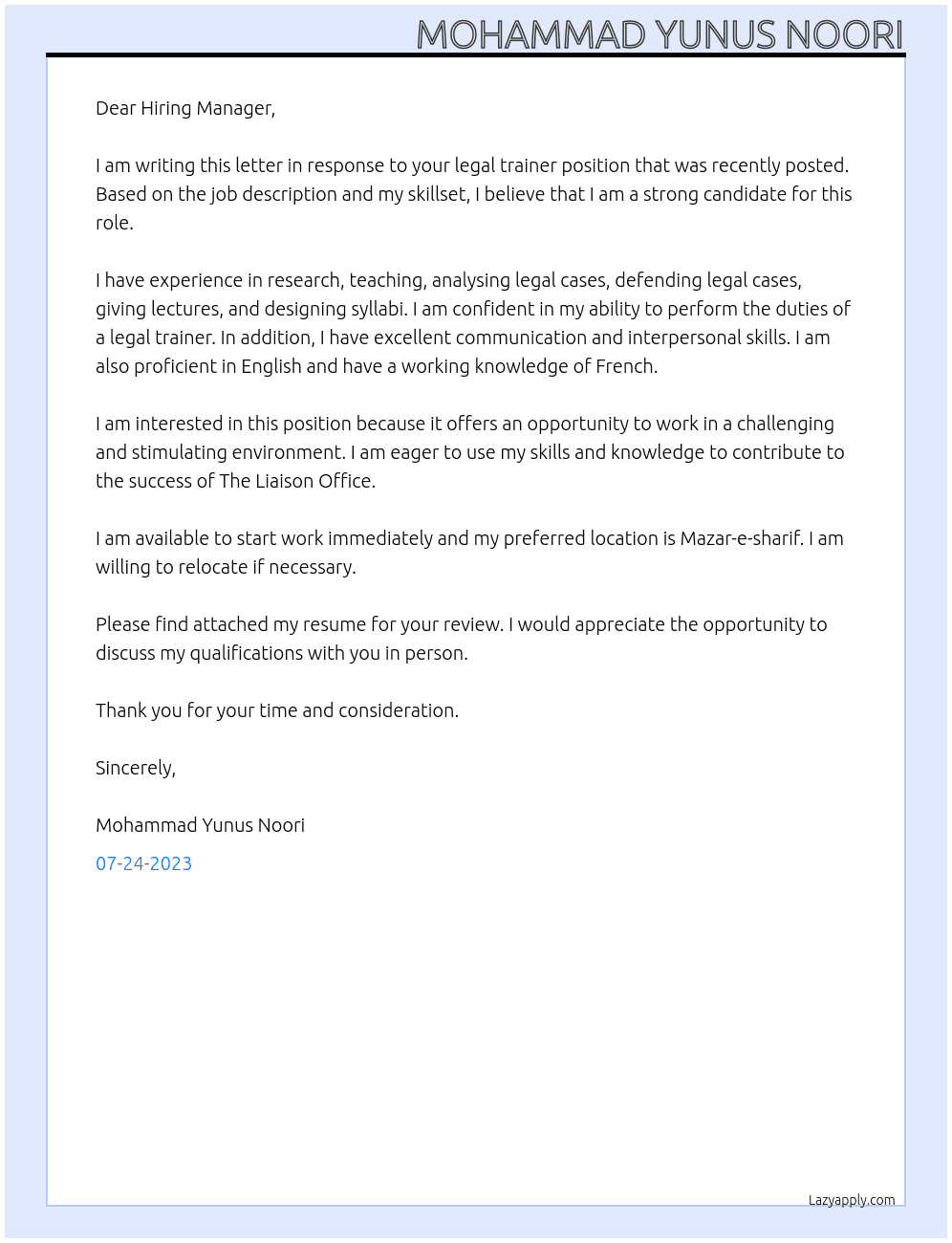 legal trainer At The Liaison Office Cover Letter